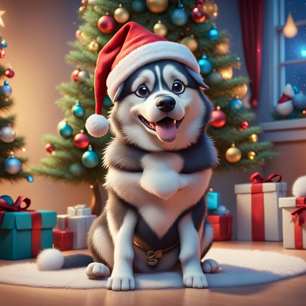 Husky in Santa Hat: Pixar-Style Christmas Scene