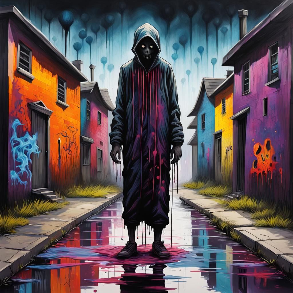 haunted village, creepy dark figure