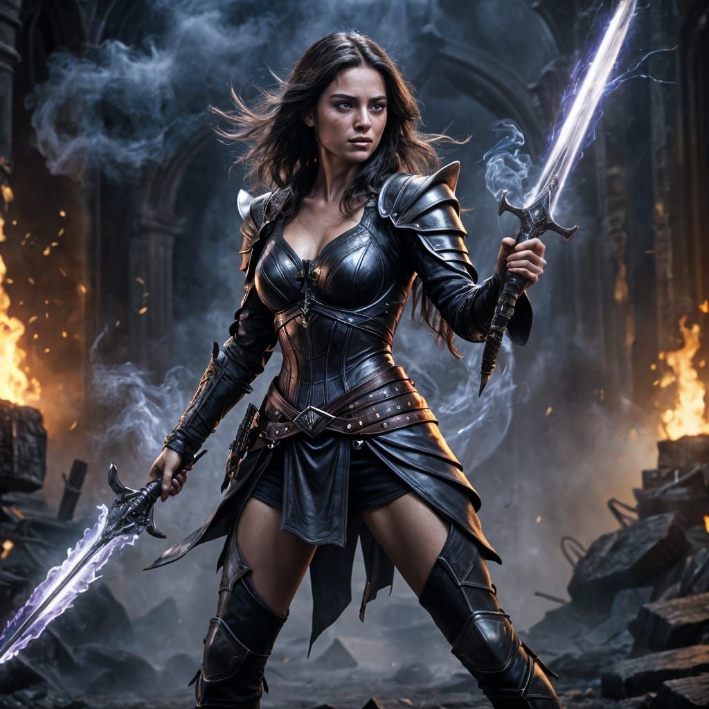 Sorceress with Plasma Sword in Cinematic Style