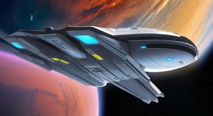 Starship Over Colorful Planet in Deep Space