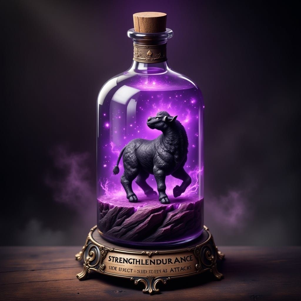 Hyperrealistic Potion Bottle with Shimmering Purple Glow and...