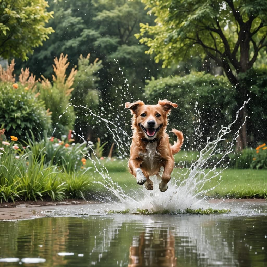 Happy Dog Plays in Garden Sprinklers