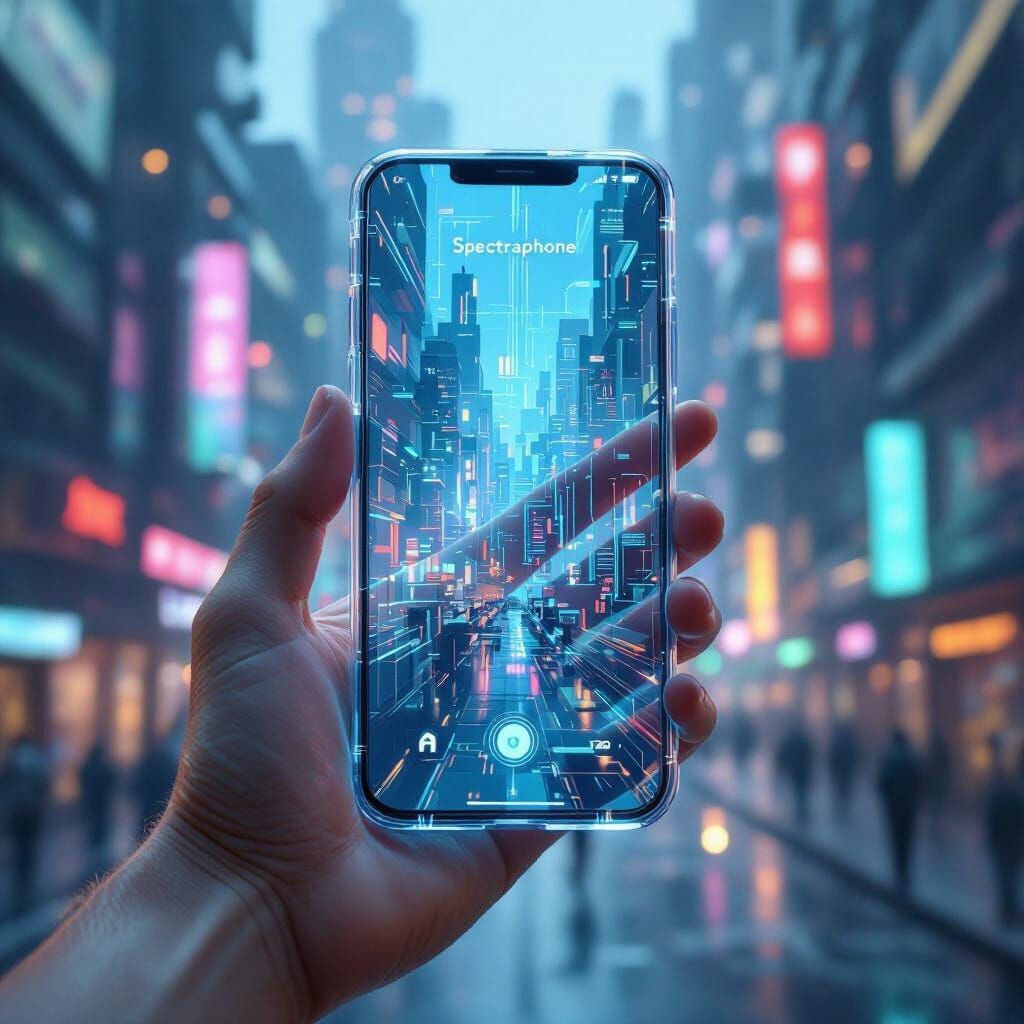 Transparent Futuristic Spectraphone in Hand, Neon Cityscape