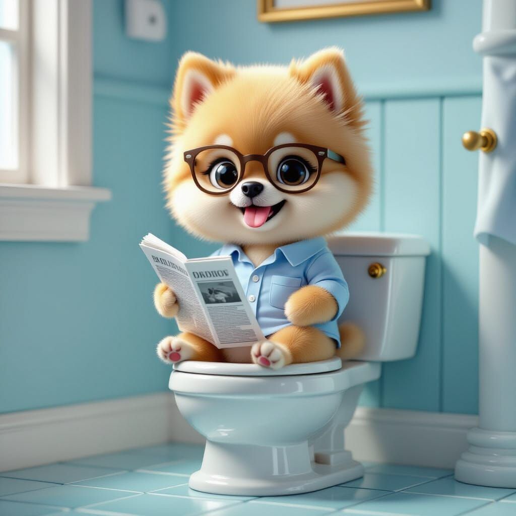 Pomeranian Puppy on Toilet Stool: Hyper-Realistic 3D Cartoon