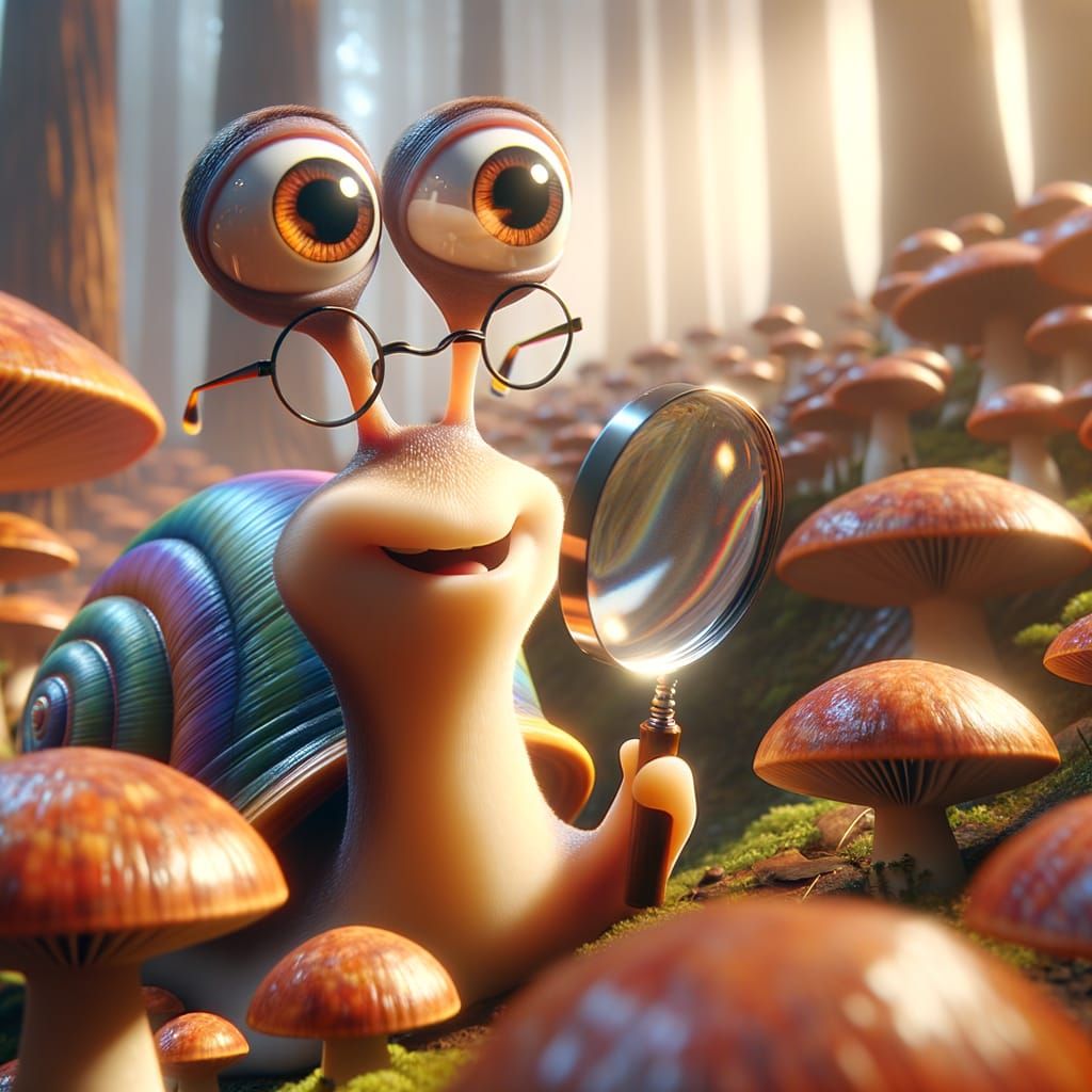Curious Snail Explorer With Magnifying Glass Among Mushrooms