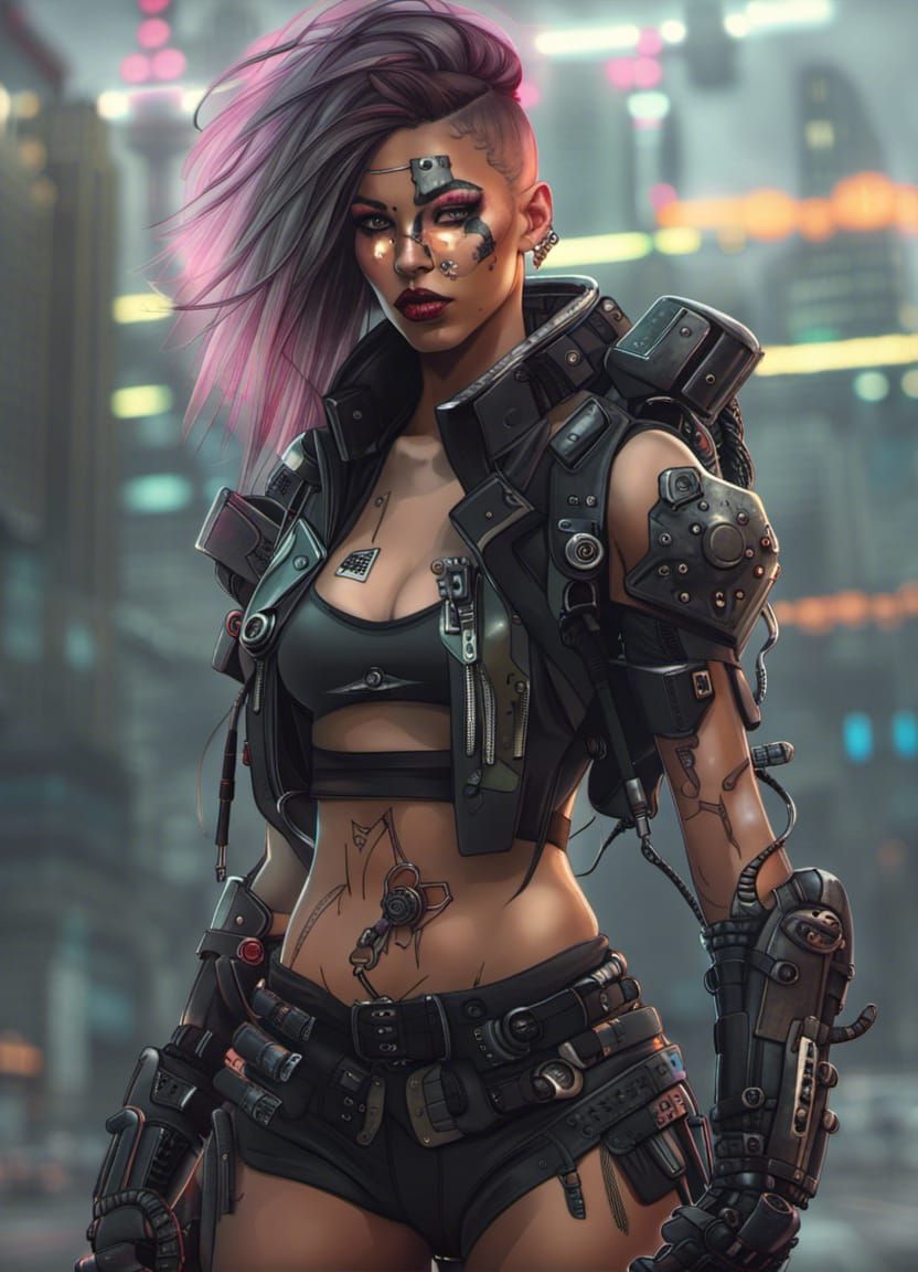 Cyberpunk Warrior Girl in Future Cityscape