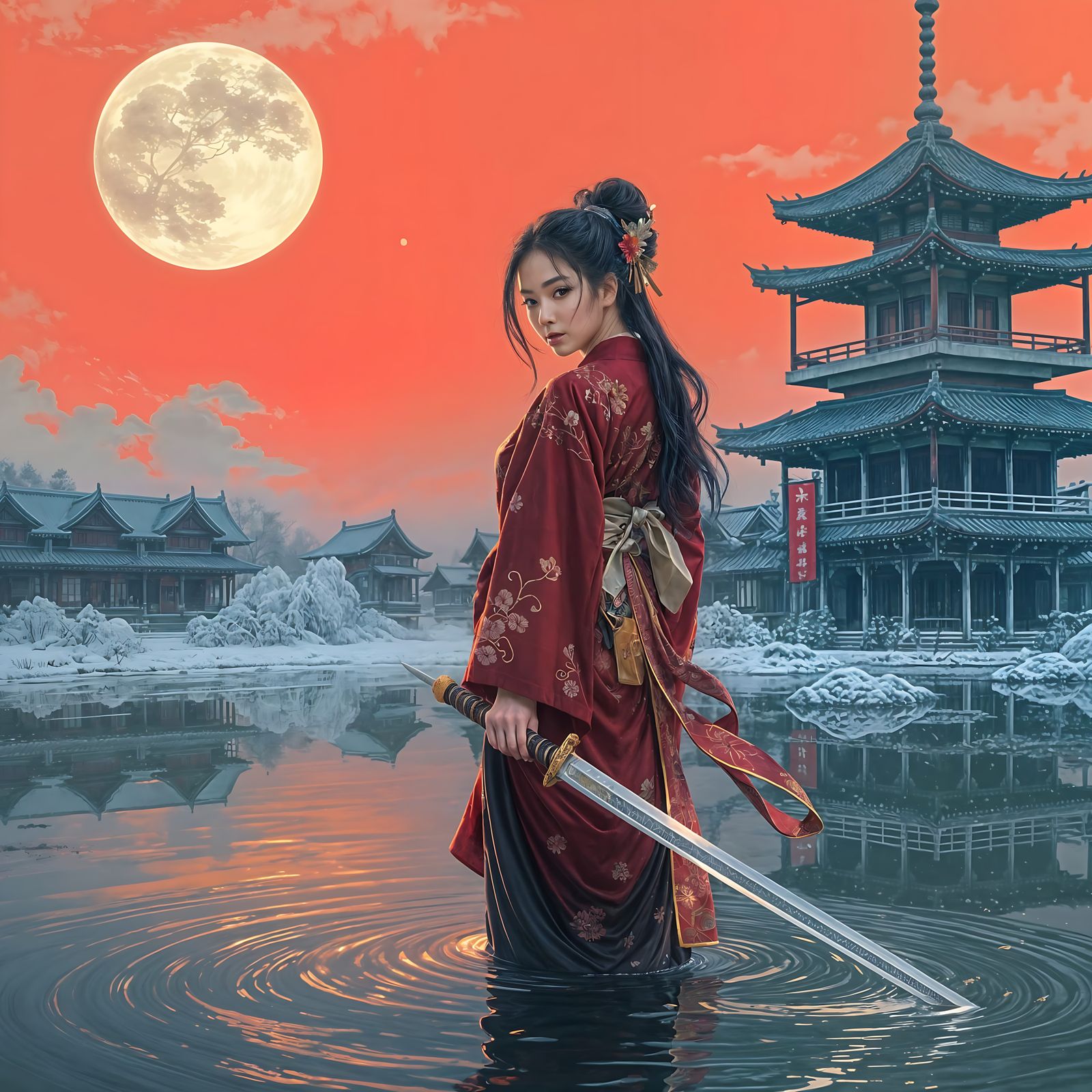 Ethereal Asian Warrior in Traditional Kimono