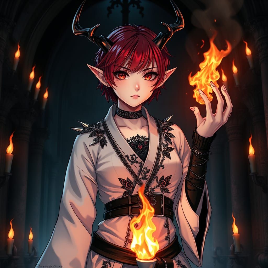 Gothic Anime Girl with Fiery Hair and Antlers