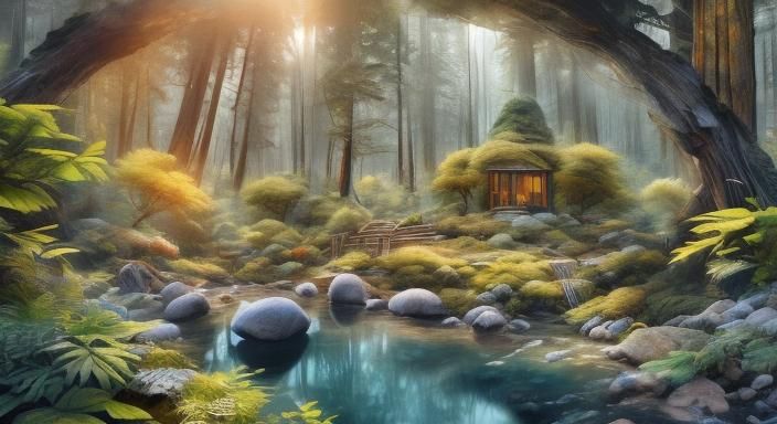 Futuristic Cabin in Redwood Forest, Watercolor Style