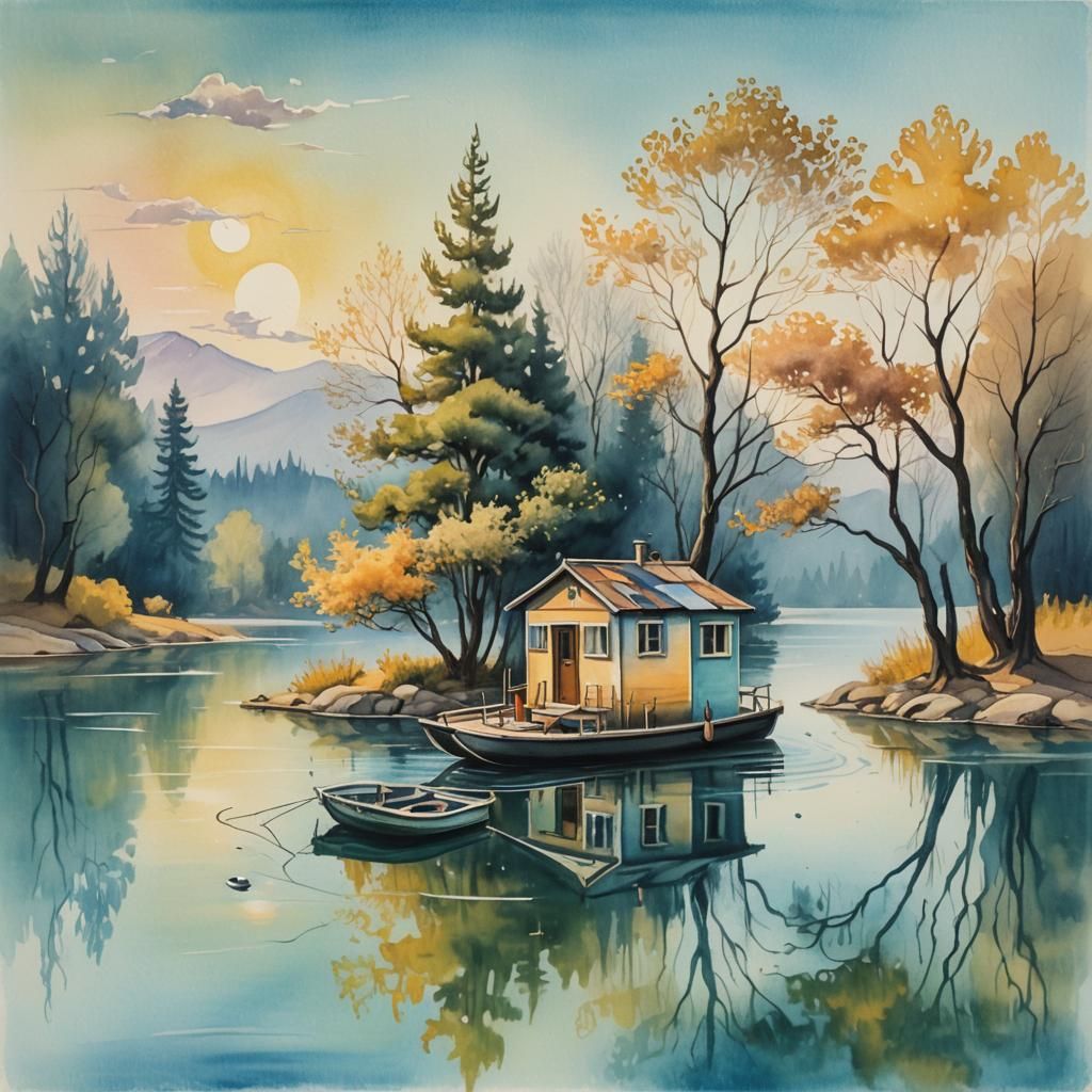 Surreal Miniature Houseboat Painting with Watercolor Texture...