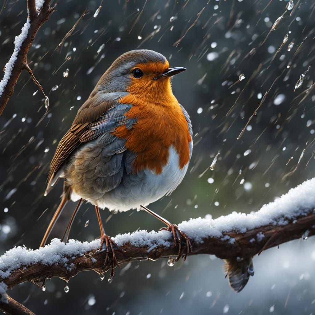 Elegant Winter Robin perched on a Rainy Riverbank