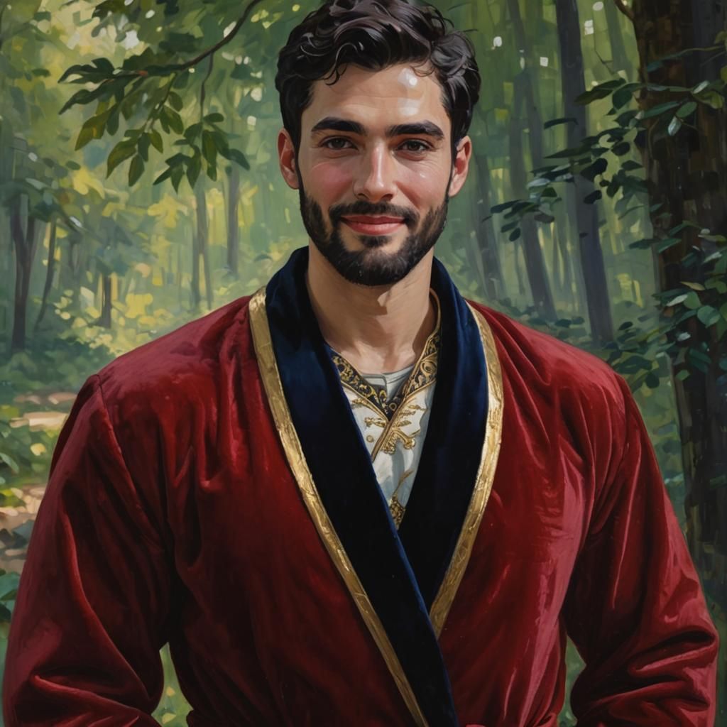 Smiling Man in Velvet Robe, as Impasto Oil Painting