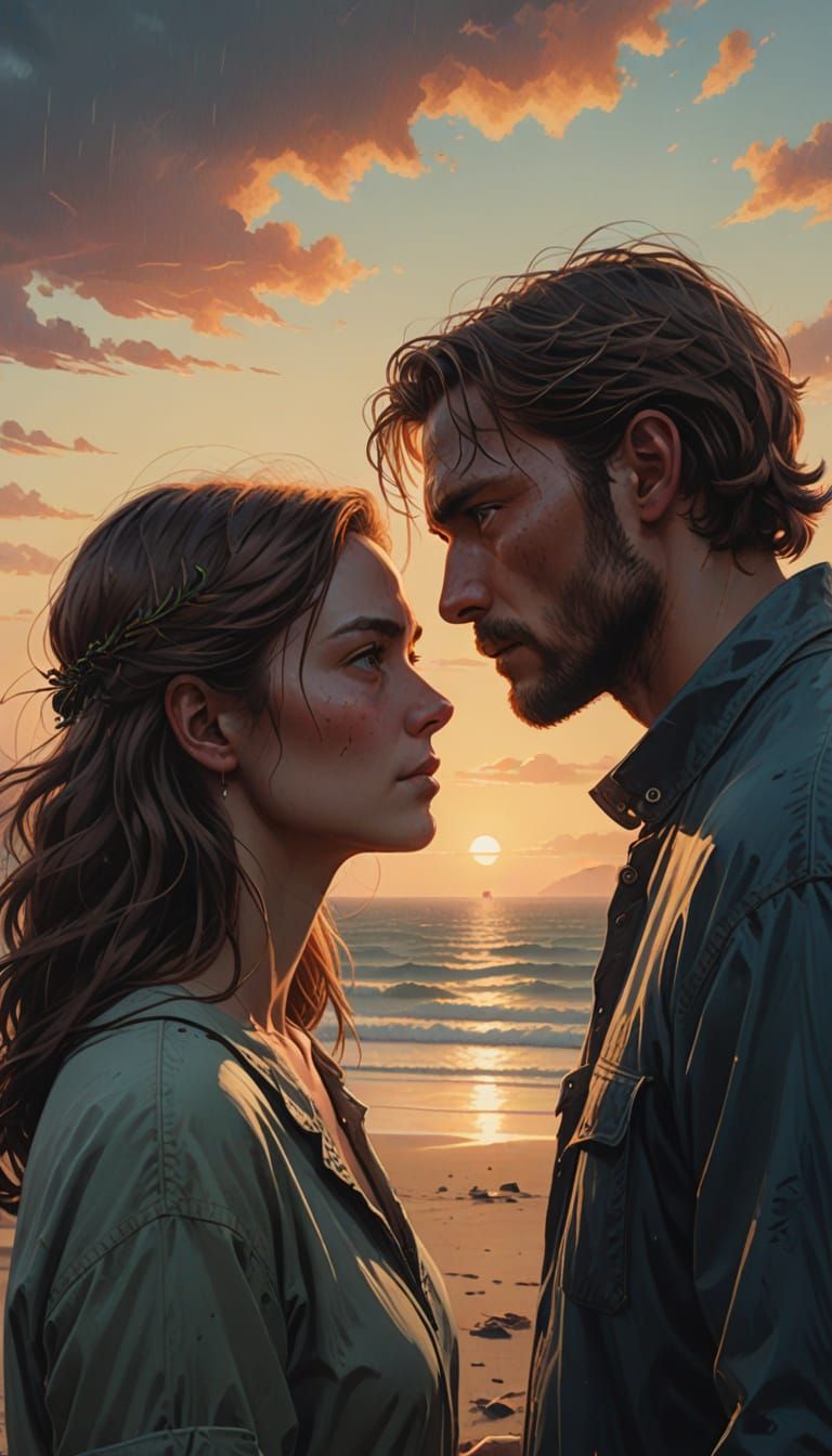 Hyperrealistic Beachside Couple Embracing Love