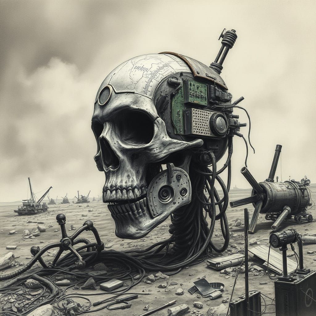 Apocalyptic Cyborg in Wasteland, Charcoal Drawing