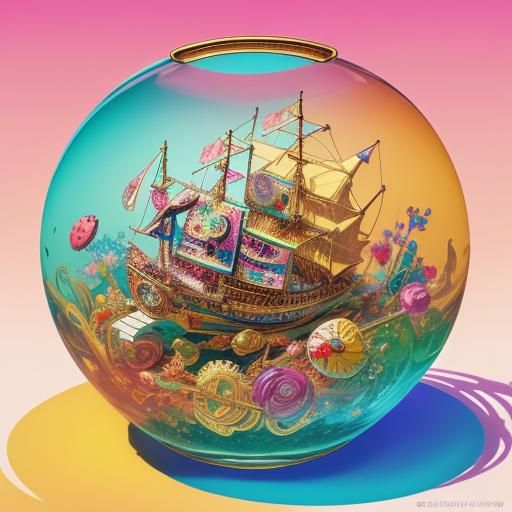 Golden Sailboat in Jeweled Garden, Hyperrealistic Digital Ar...