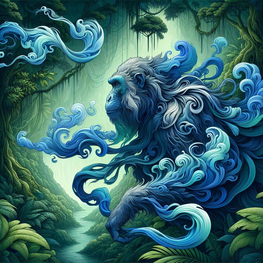 Mystical Jungle Ape Embodied in Ethereal Blue Smoke