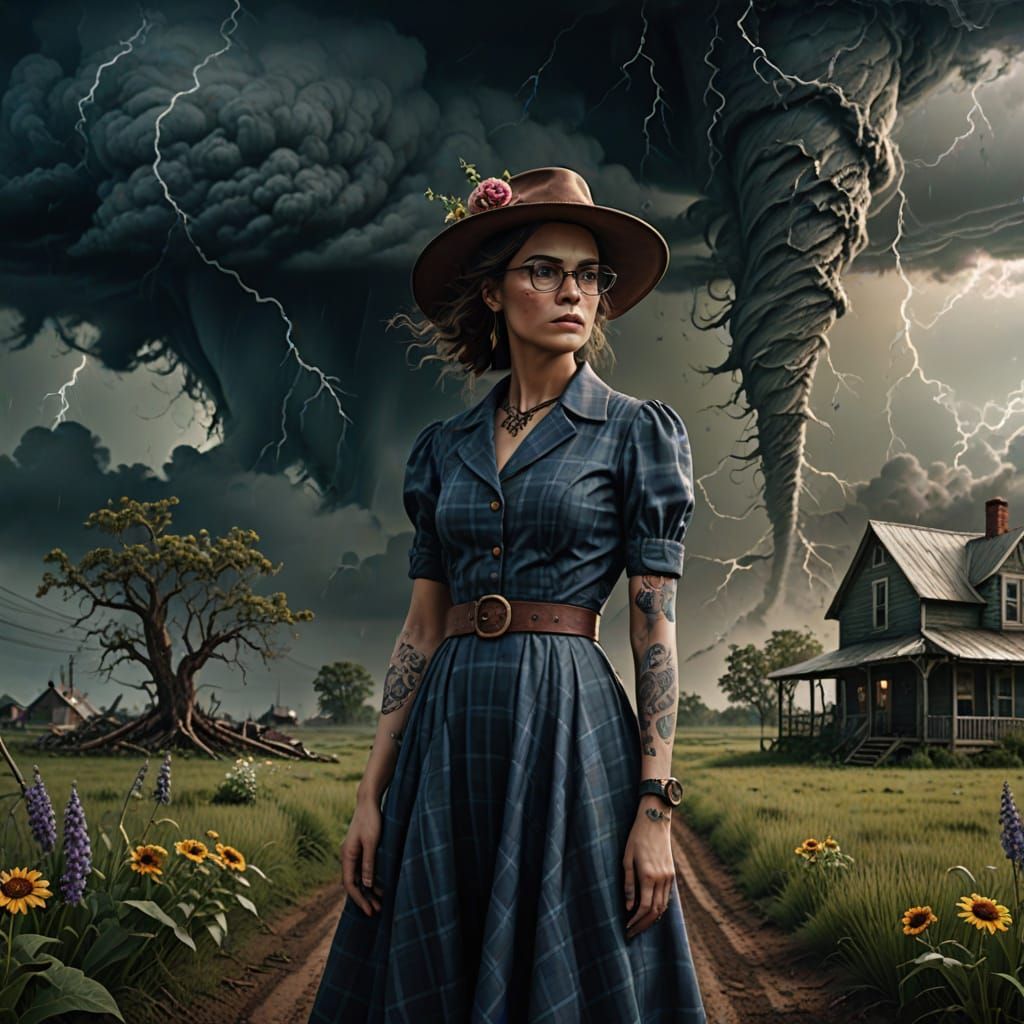Mystical Woman Faces Ominous Tornado in Fantastical Scene
