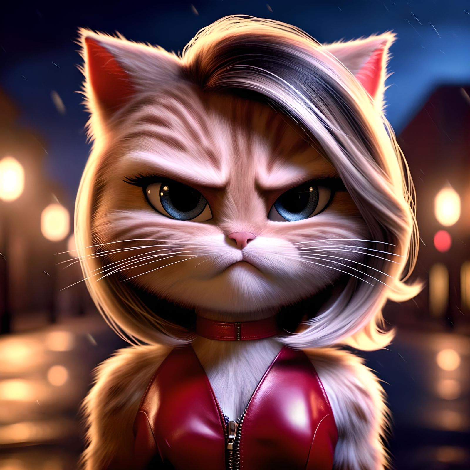 Cute Animated Cat in Red Leather Dress