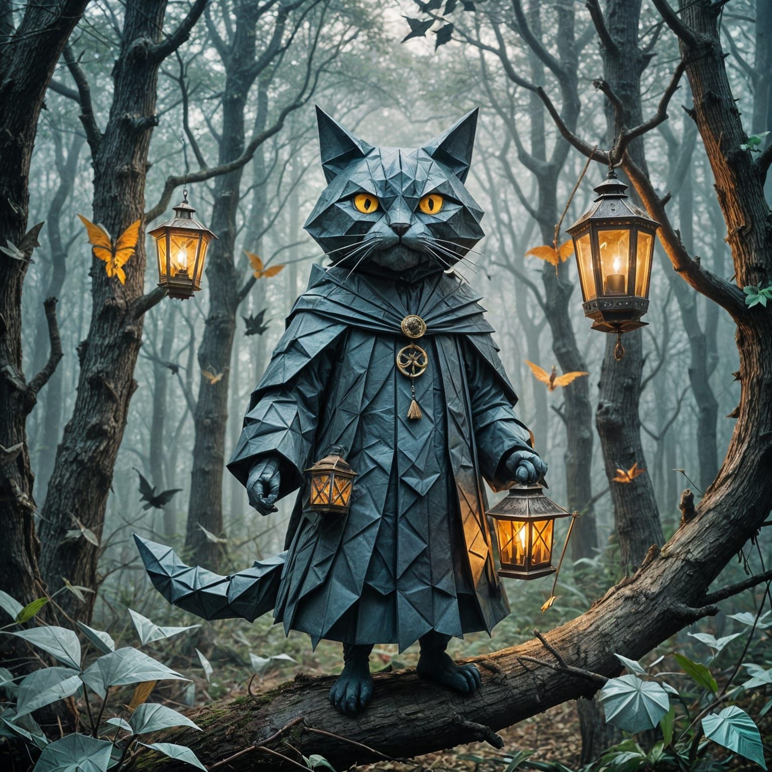 Brave Cat With Lantern in Foggy Surreal Forest