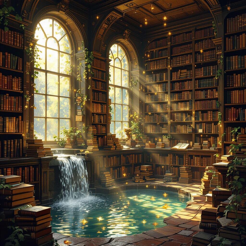 Golden Light Illuminates Ancient Bookstore with Waterfall