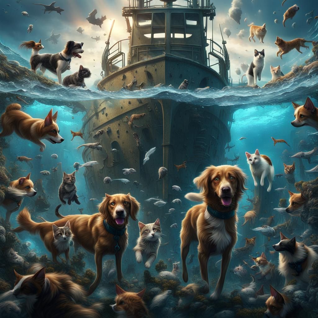 Underwater Mosaic of Cats and Dogs War