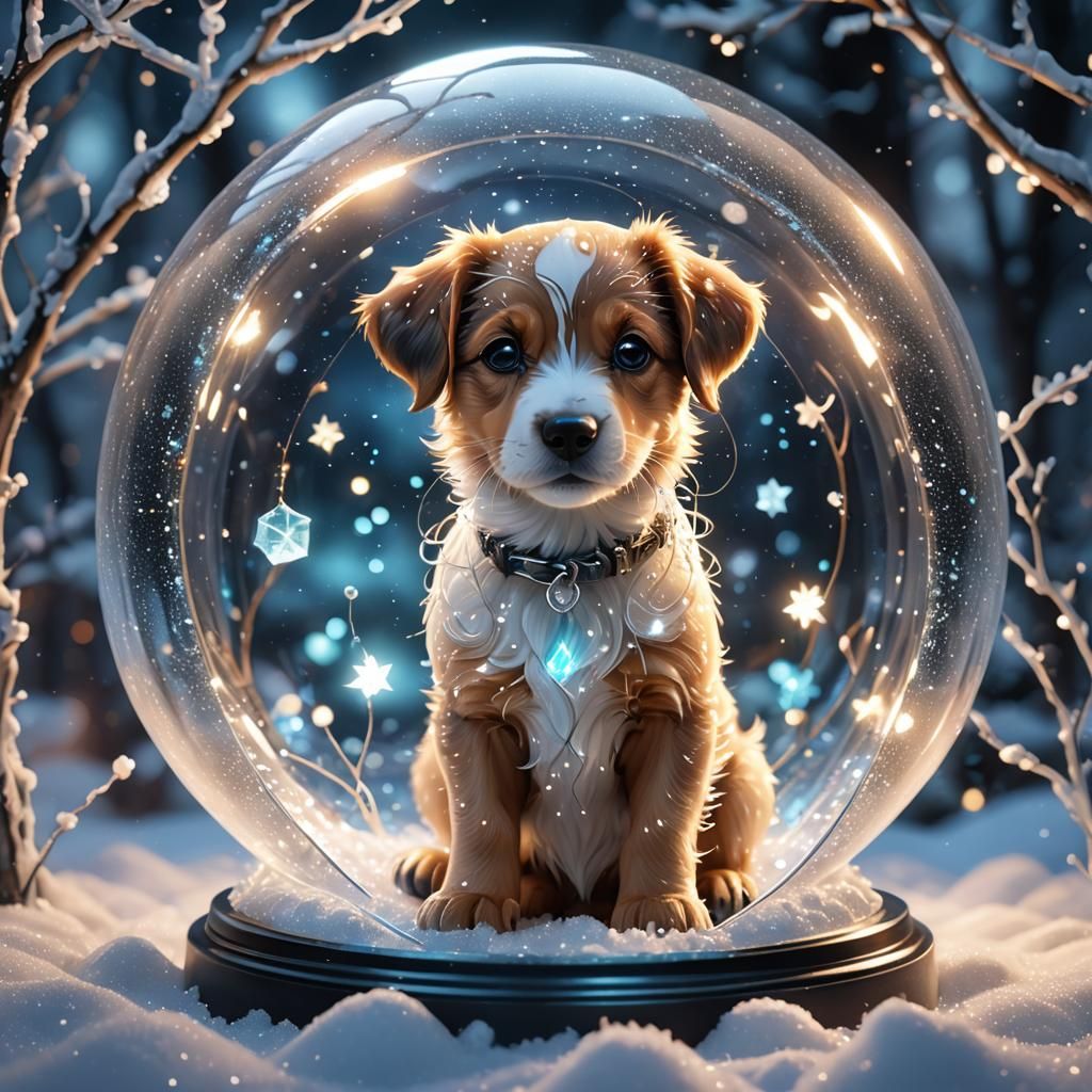 Puppy in Cyberpunk Snowglobe with Magic Particles
