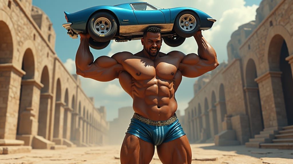 Giant Bodybuilder Lifts Car: Fantasy Concept Art