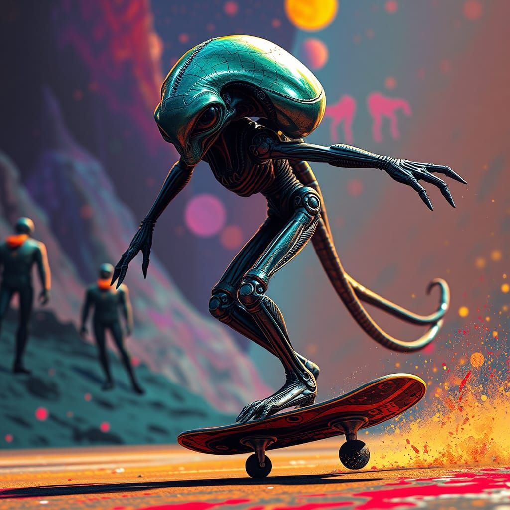 Hyperrealistic Alien Skater in Sci-Fi Concept Art