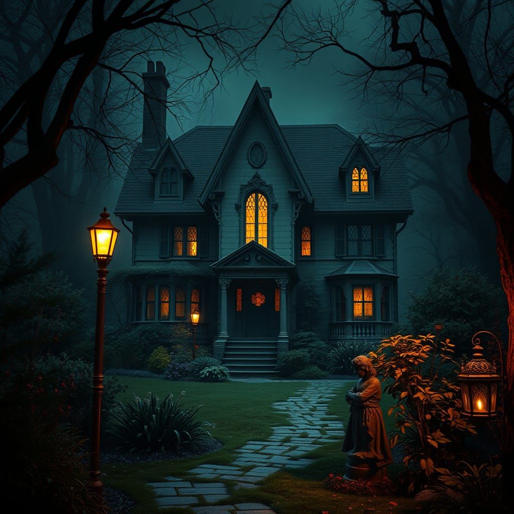 Epic Amityville House in a Haunting Dark Garden Scene