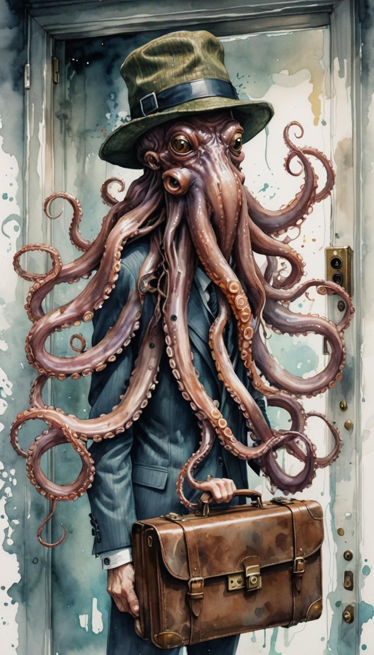 Octopus Salesman Rings Doorbell: Watercolor Manga Art