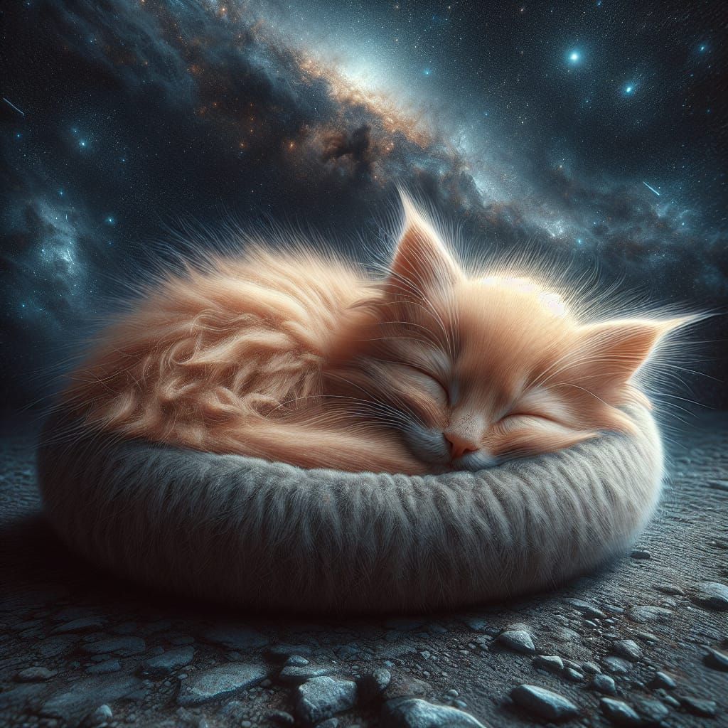 Sleeping Kitten in Galactic Dreamscape: Digital Art
