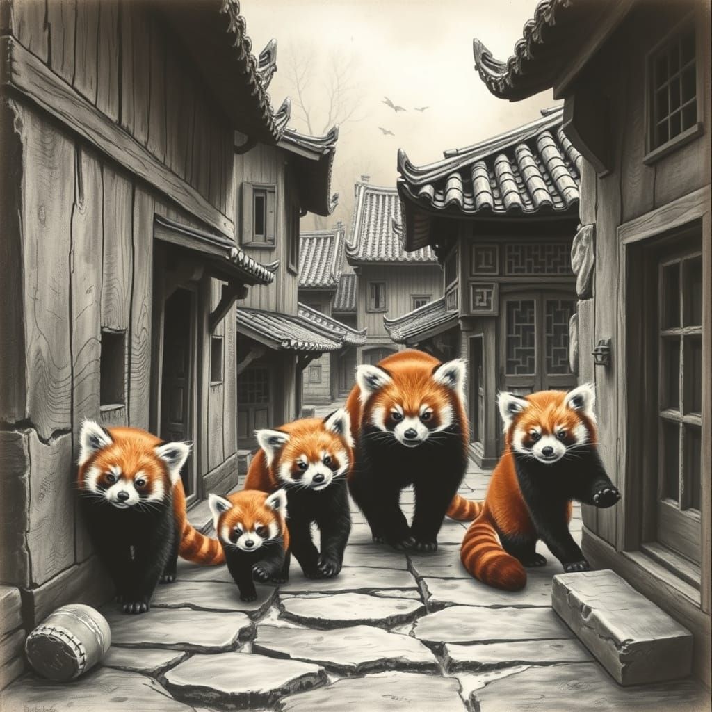 Red Pandas Explore Chinese Village in Charcoal Drawing Style