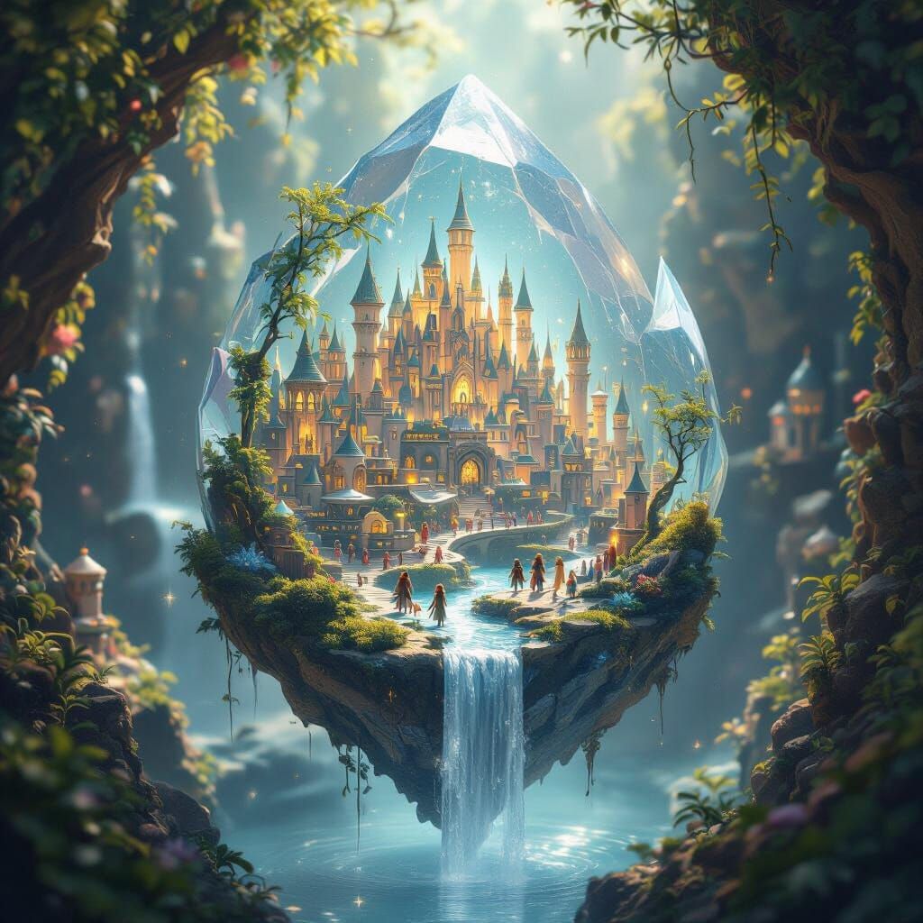 Miniature Elven City Encased in Crystal, Fantasy Art