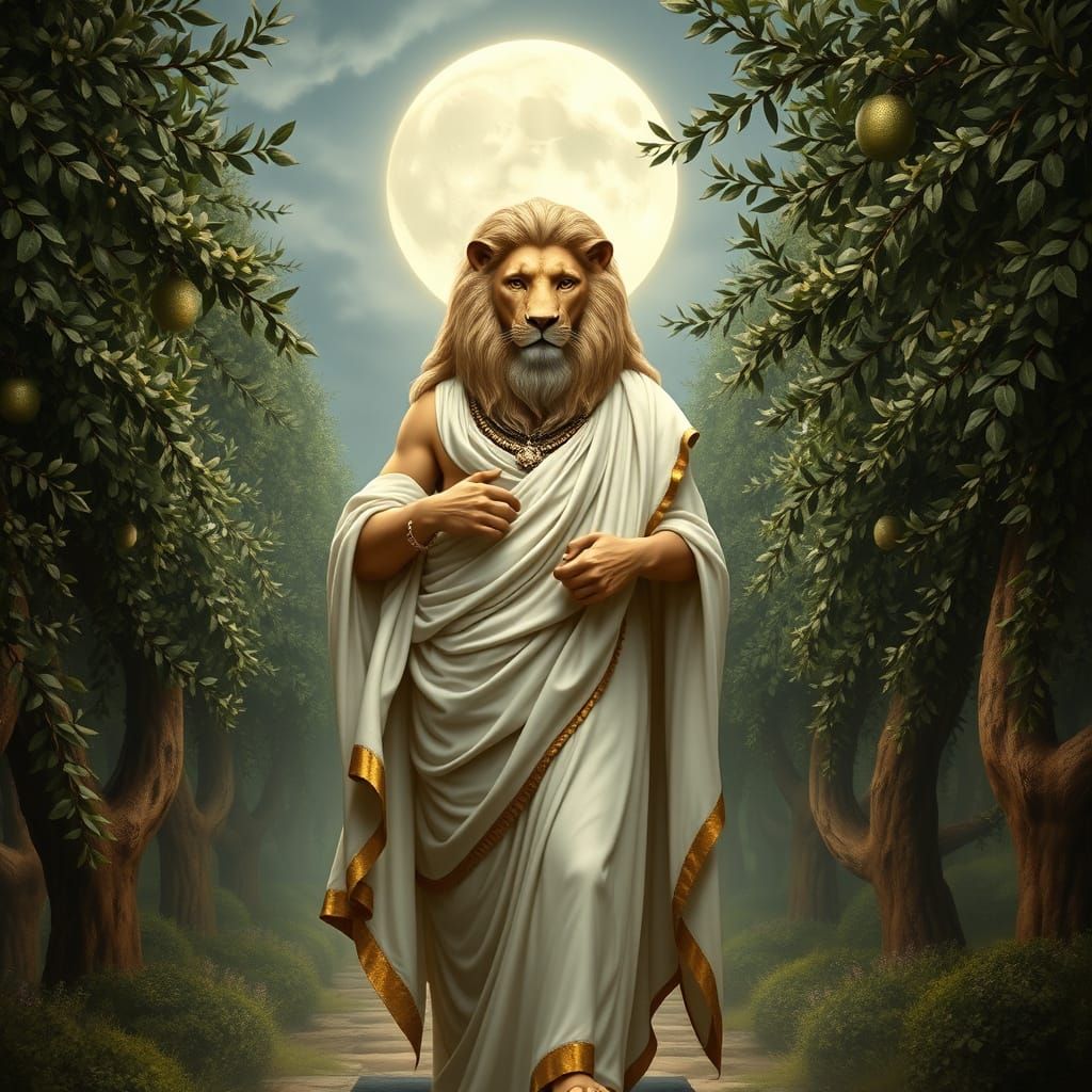 Classical Greek God Arimanius in a Serene Olive Grove