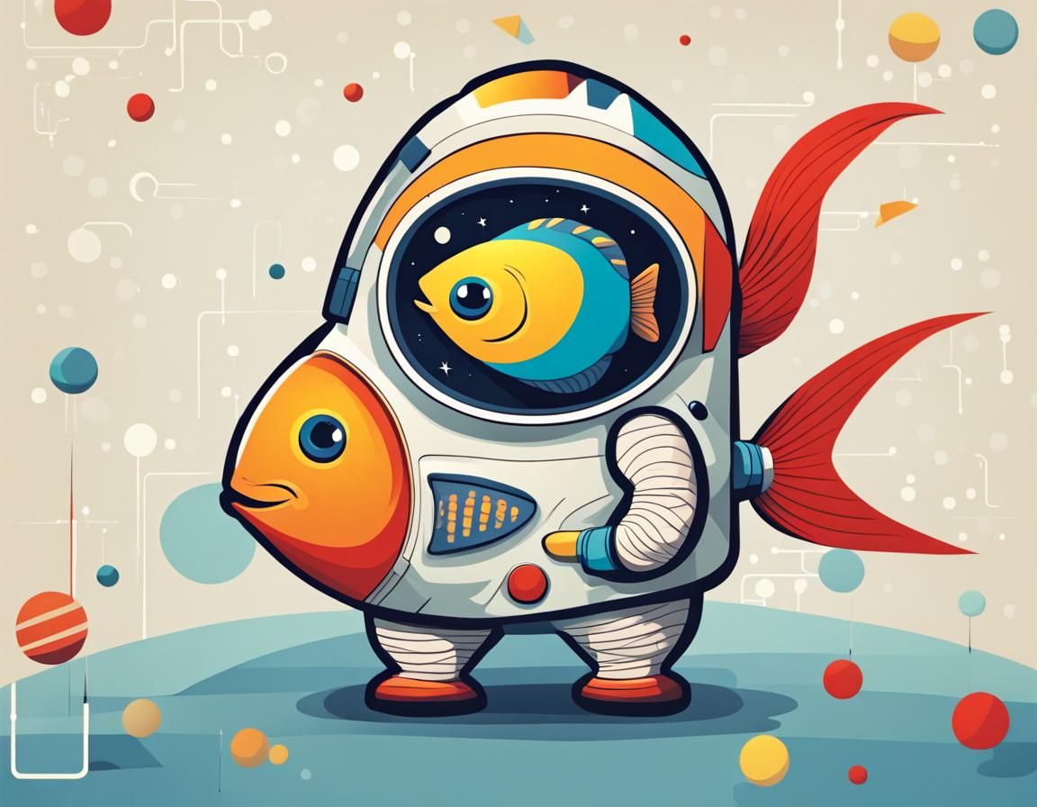 Cubist Cartoon Fish in Spacesuit with Abstract Background