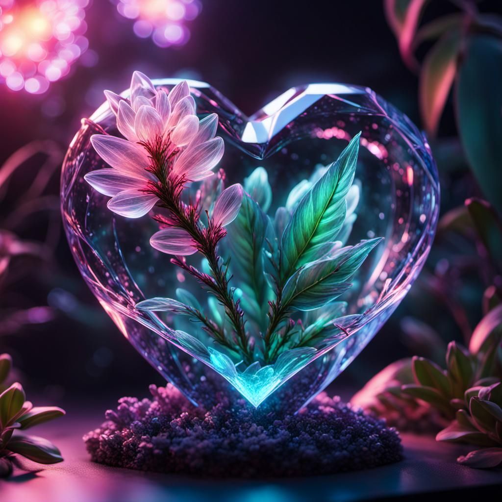 Crystal Heart with Glass Blossom in Digital Art Style