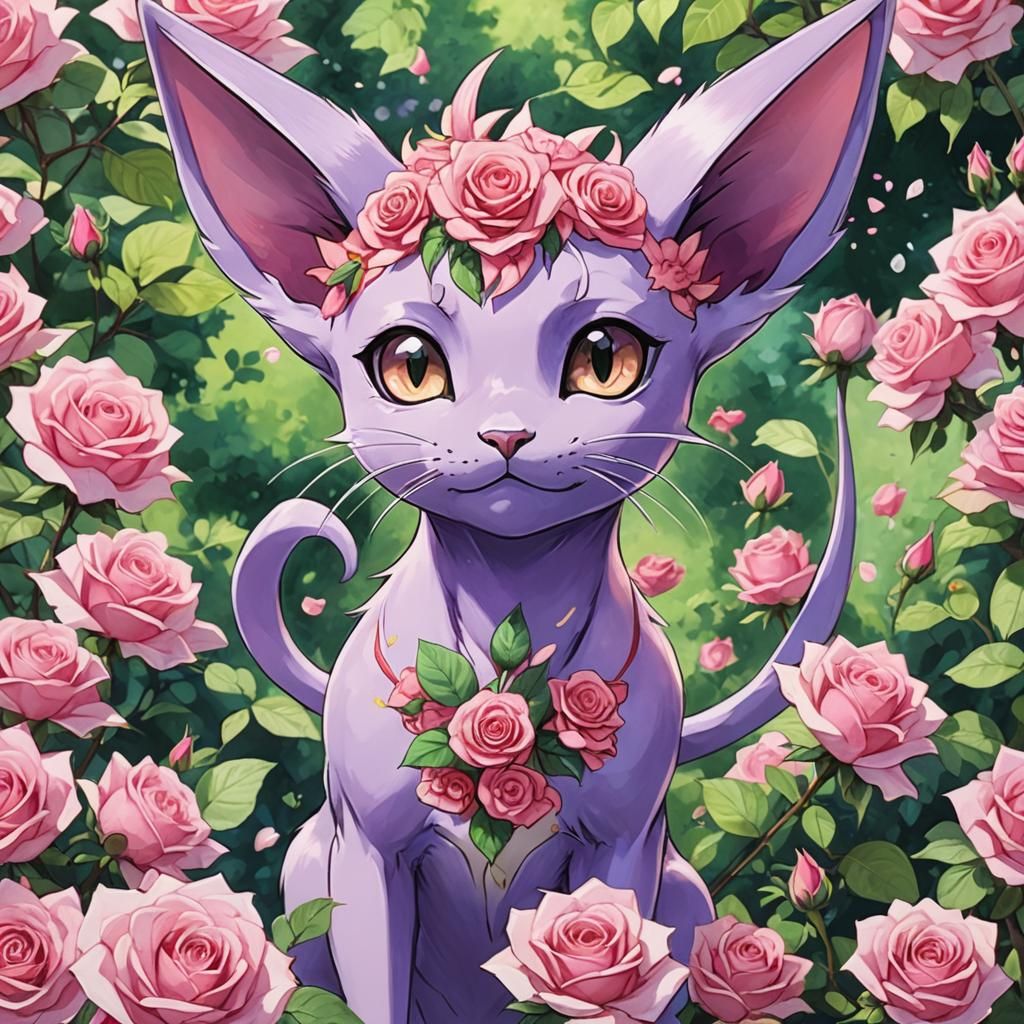 Espeon with Roses in Anime Acrylic Style