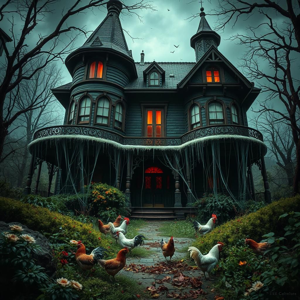 Haunted Victorian Mansion with Roaming Chickens