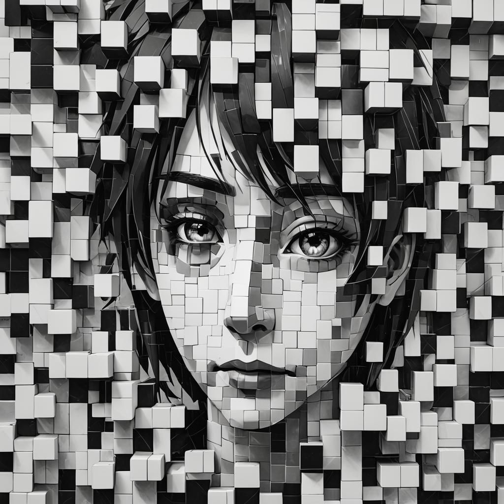 Anime Style Face Made of Black and White Blocks