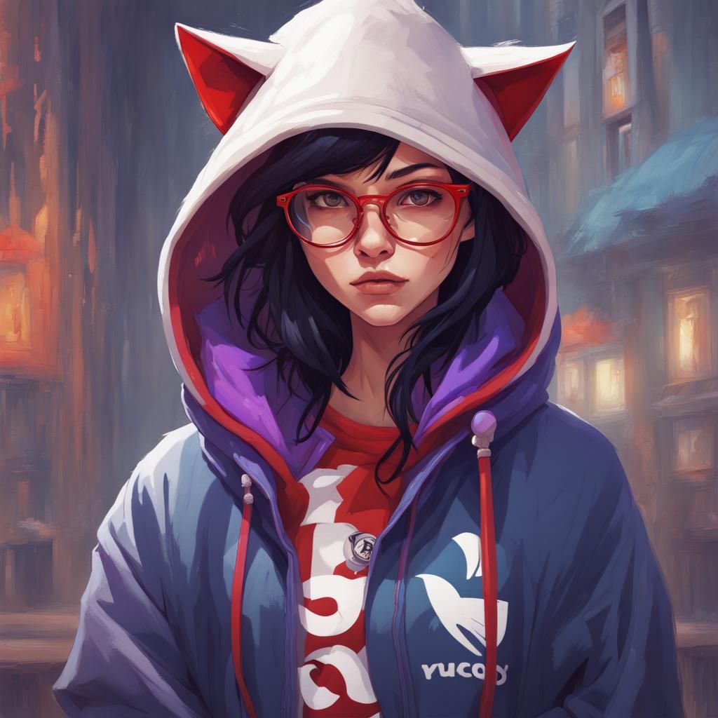 Girl with Cat Ears and Red Highlights, Detailed Portrait