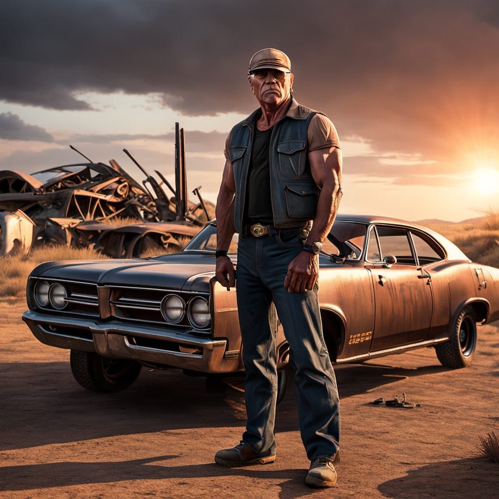 Muscular Survivor Stands Guard in Post Apocalyptic Wasteland