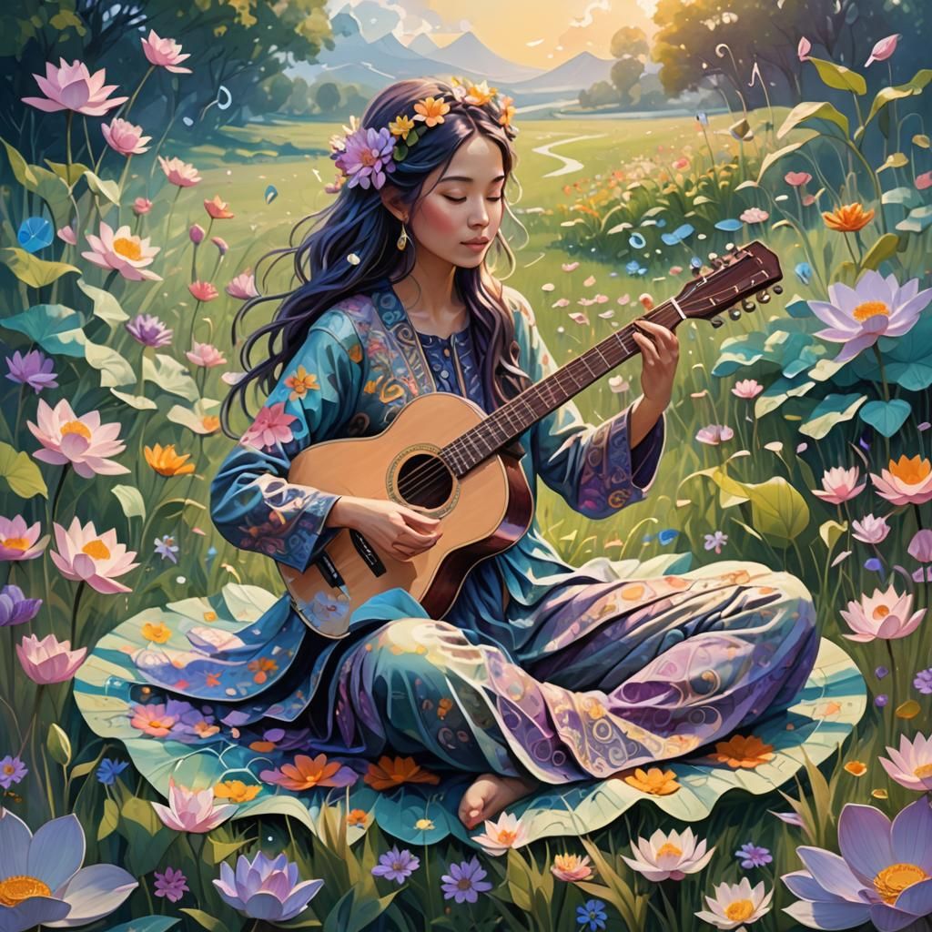 Woman Playing Guitar in Floral Art Nouveau Scene