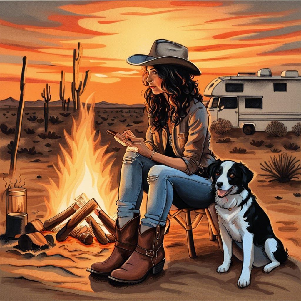 Desert Sunset: Woman and Dog, Oil Painting