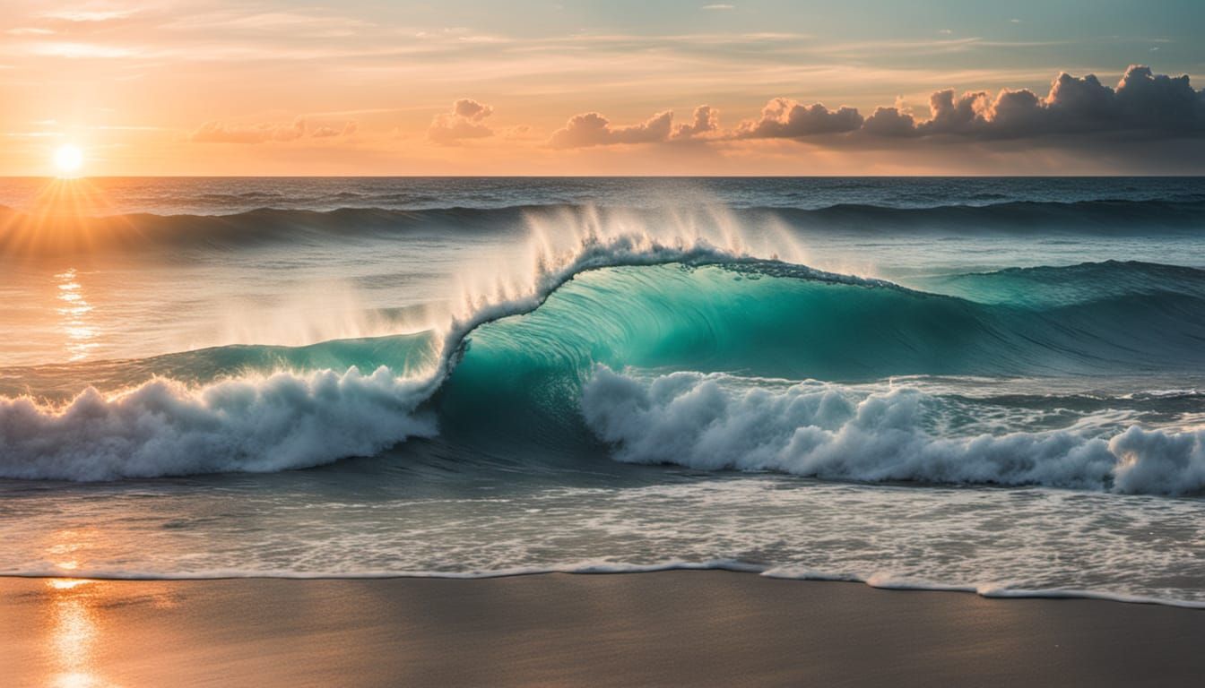 Gomez the Free Radical, long shot, beach, waves breaking around subject, sunset, high contrast, aqua and beige, sunset s...