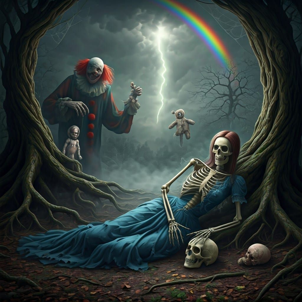 Eerie Skeleton in Victorian Dress with Skull