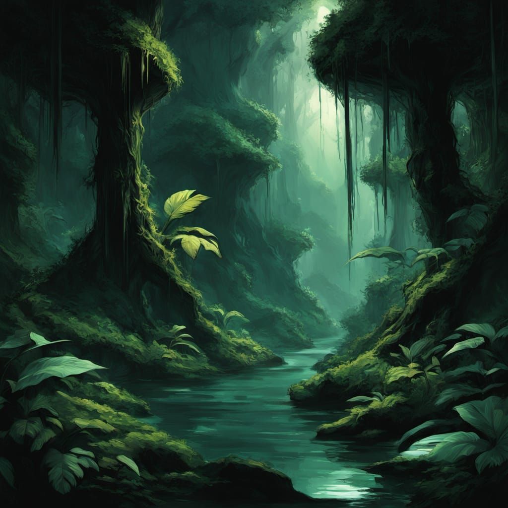 Ancient Jungle River Concept Art with Bioluminescent Flora