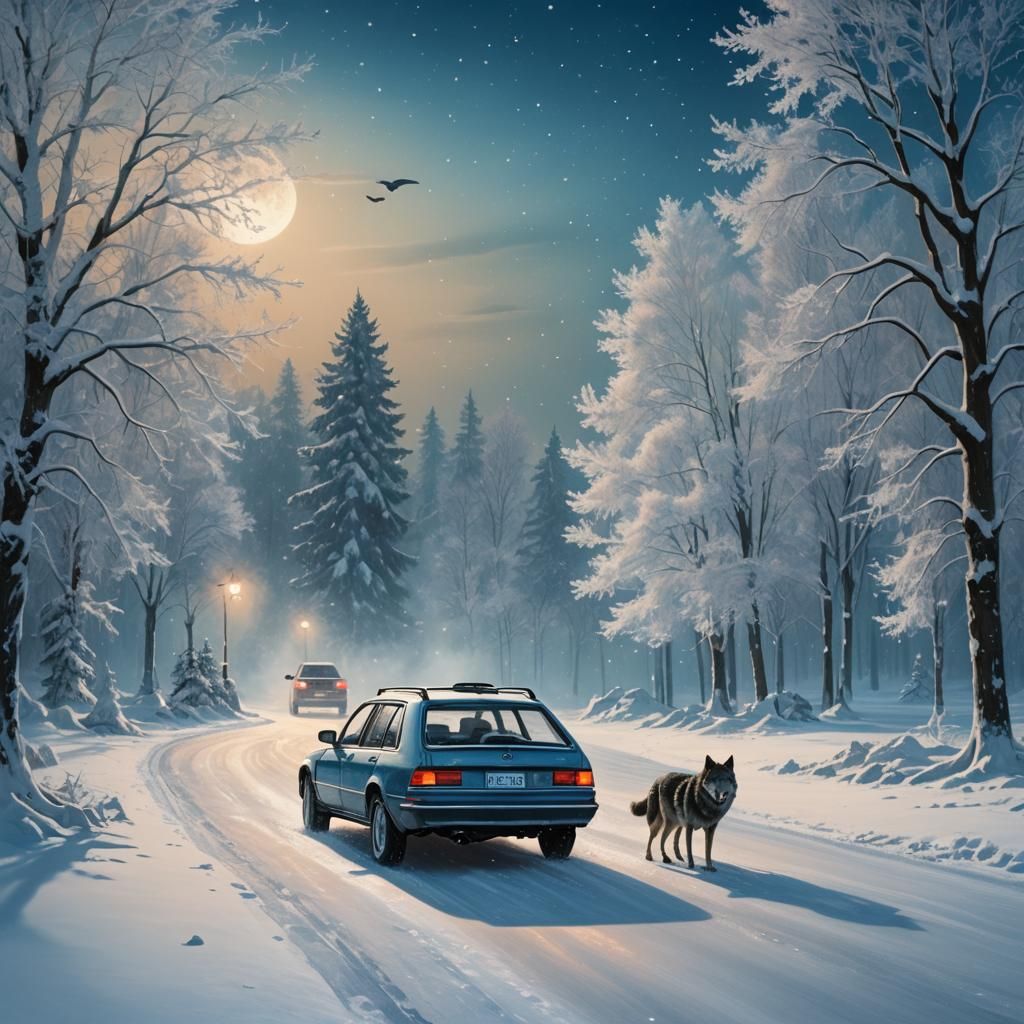 Wolf and Car Ice Skating: Winter Fantasy Art