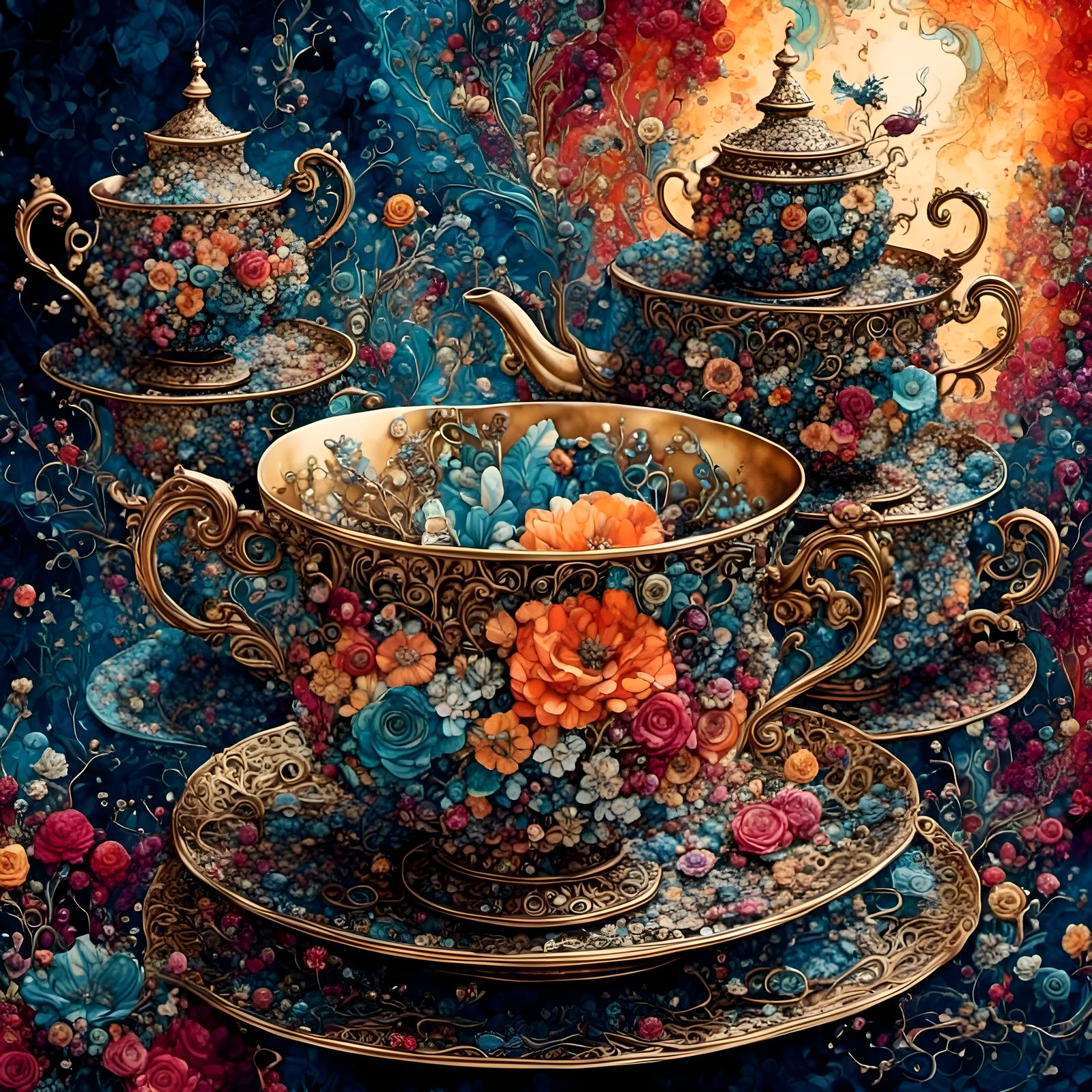 Fantasy Tea Party in Collage Style