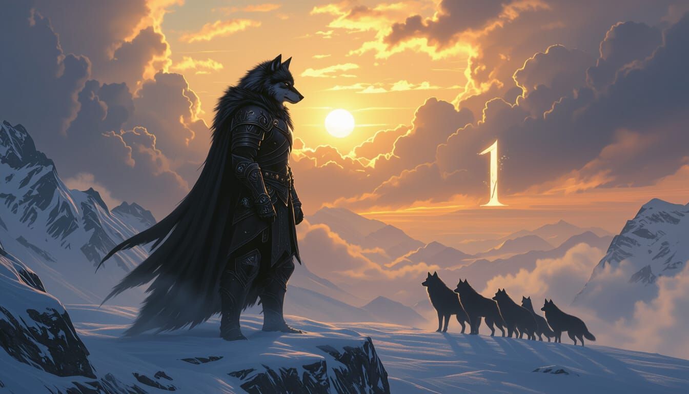 Nordic Wolf Warrior on Icy Cliff at Dawn