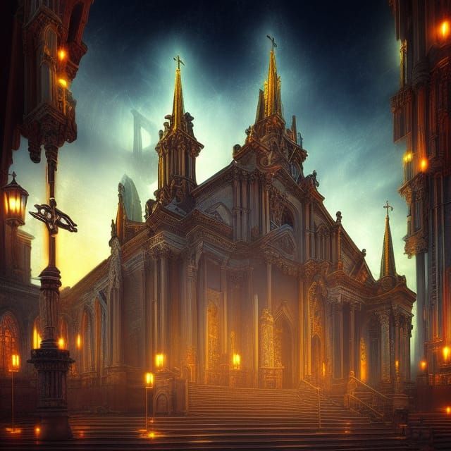 Neon Lit Church: Epic Digital Matte Painting